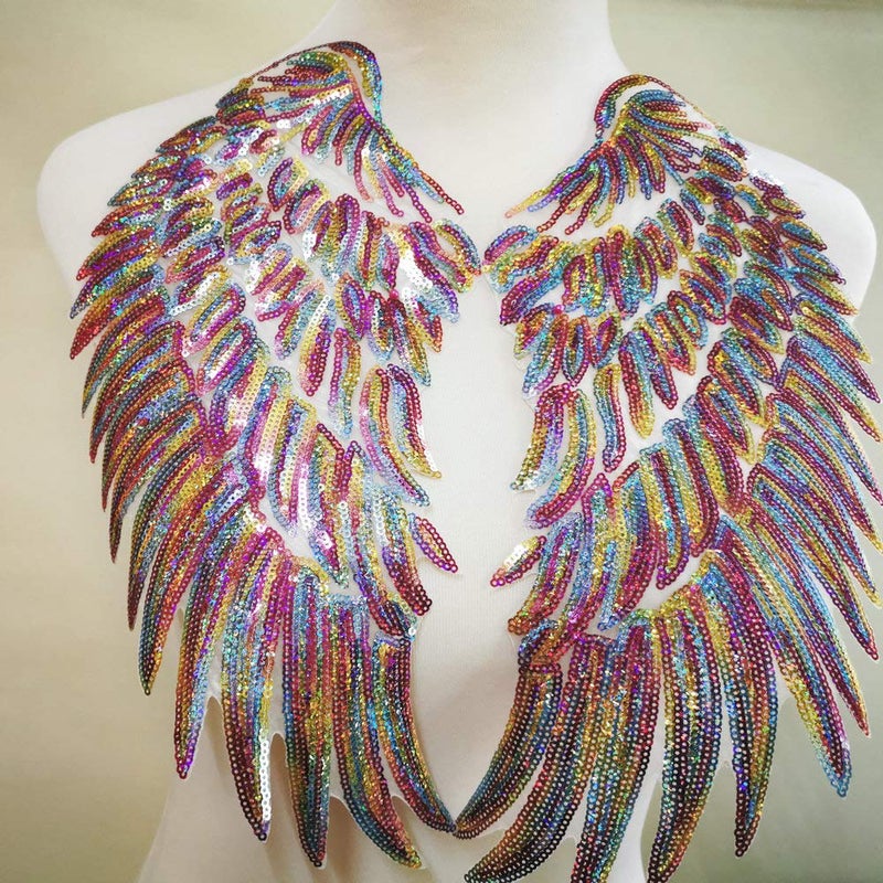 FEEPOP 1 Pair Tuba Fashion Dazzling Angel Wings Sequins Patches for Clothing Iron-on Embroidered Patch Motif Applique DIY Xmas Accessories(11X12 in) - Image 2